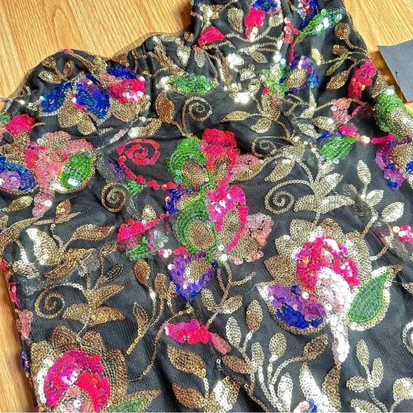 Lulu’s Thriving Blossom Black Mesh Sequin Bustier Strapless Mini Dress NWT - Picture 2 of 9